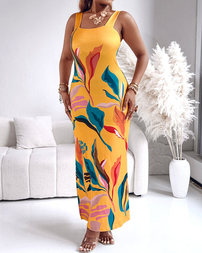 Tropical Print Thick Strap U-neckline Slim Fit Slit Maxi Dress Vocation Dress with Pockets