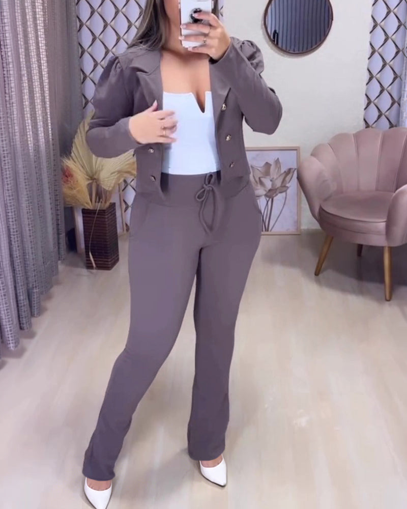 Women's 2 Piece Blazer Set Cropped Double Breasted Coat and Drawstring Pants
