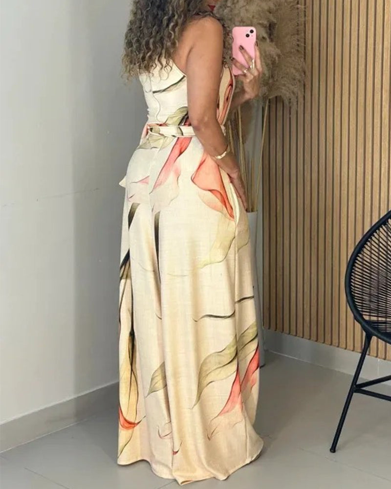 Women's Elegant Ink Floral Print Wide Leg Jumpsuit Casual Sleeveless Vacation Overalls with Belt