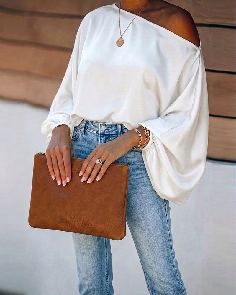 Women's Off Shoulder Satin Blouse Lantern Long Sleeve Shirt Casual Loose Fit Skew Neck Top