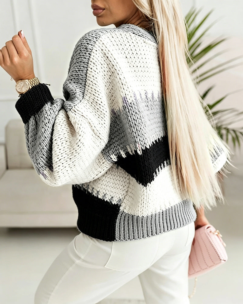 Women's Colorblock Knit Cardigan Chunky Knit Sweater Ribbed Trim Long Sleeve Casual Loose Knitwear