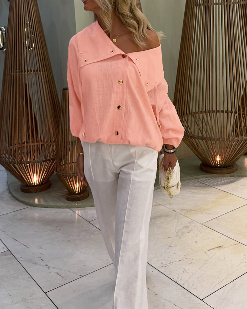 Women's Turn-down Collar Long Sleeve Blouse Casual Gold Button Loose Drawstring Shirt