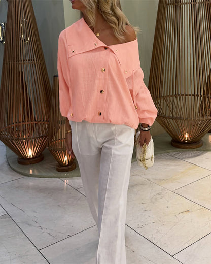 Women's Turn-down Collar Long Sleeve Blouse Casual Gold Button Loose Drawstring Shirt