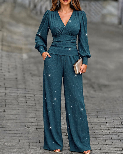 Women's 2 Piece Glitter Set Deep V Neck Lantern Sleeve Ruched Top and Wide Leg Pants with Pockets