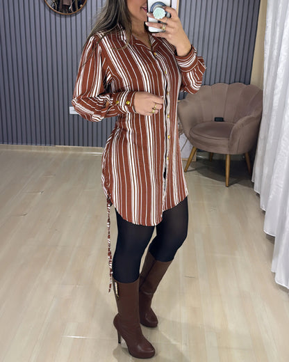 Women's Striped Shirt Dress Button Down Long Sleeve Shirred Waist Casual Dress