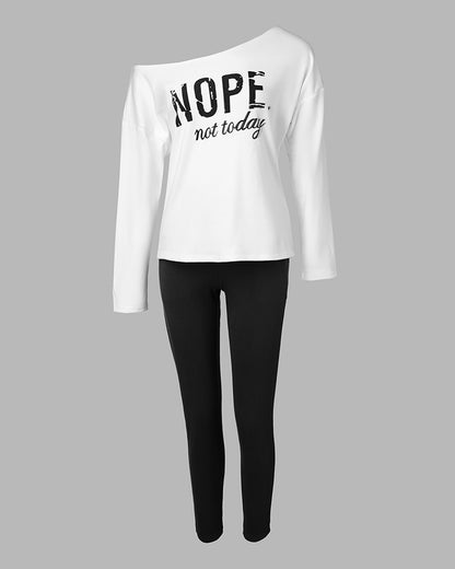 2 Pieces Outfit Nope. Not Today Slogan Print Skew Neck Long Sleeve Pullover Top And Casual Drawstring Stretchy Waist Slim Fit Pants Set