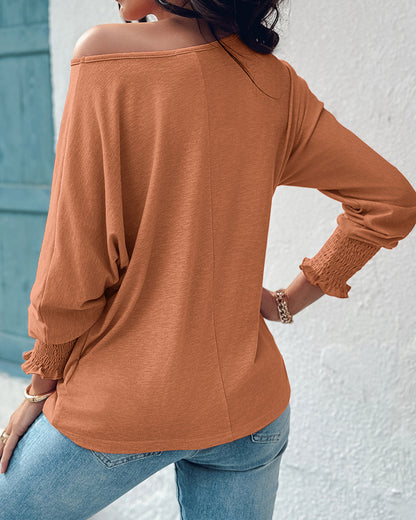 Round Neck Three Quarters Shirred Lantern Sleeve Softy T-Shirt Casual Tee