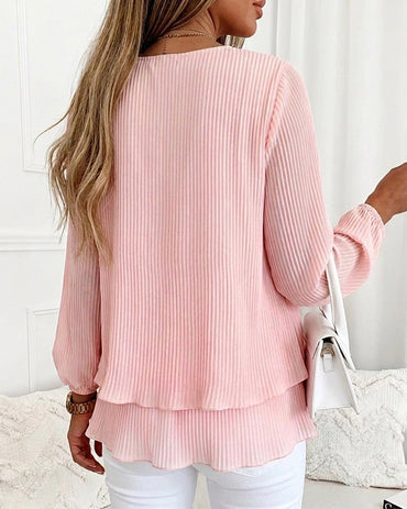 Women's Pleated Chiffon Blouse Elegant Pearl Tie Neck Shirt Long Sleeve Tiered Ruffle Hem Top