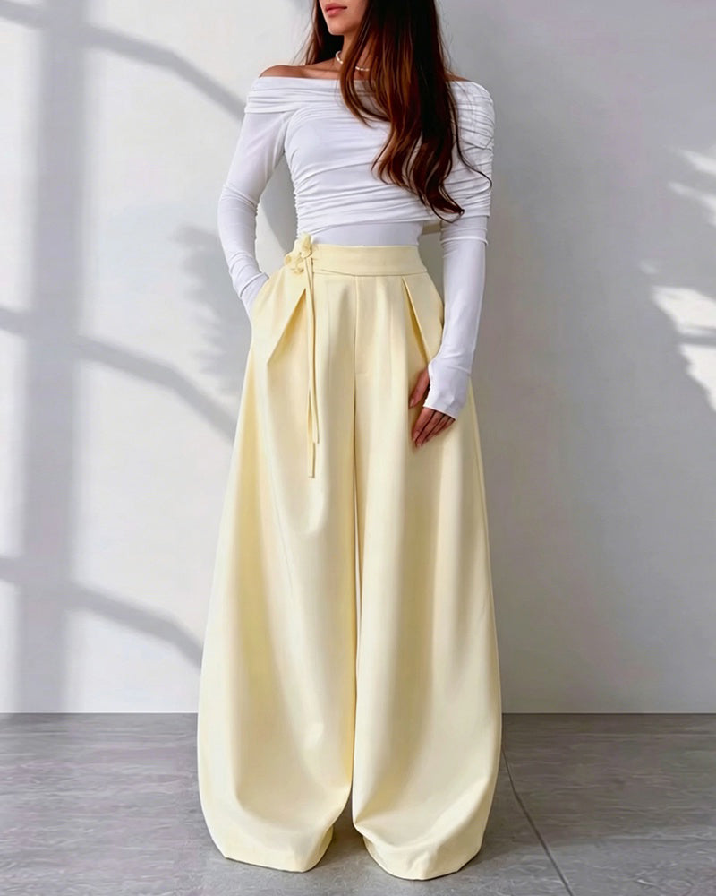 Women's 2 Piece Outfits V Neck Shirred Peplum Top and High Waist Wide Leg Pants Set