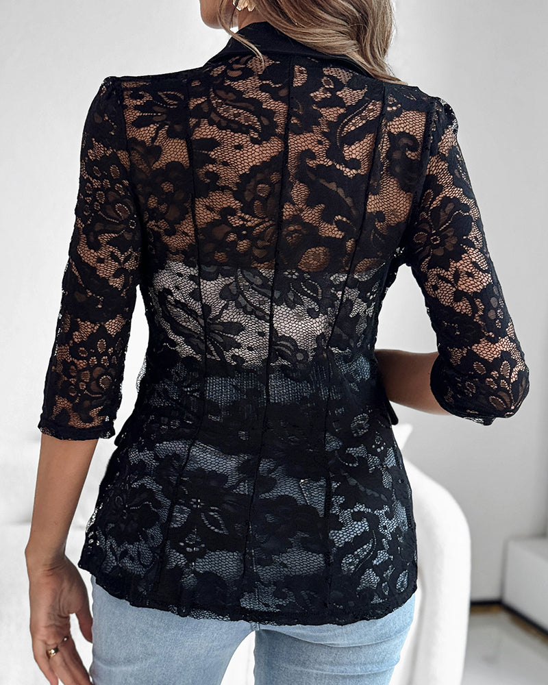 Lapel Neck Three Quarters Sleeve Single Breasted Coat Casual Flap Detail Lace Spliced Sheer Blazer