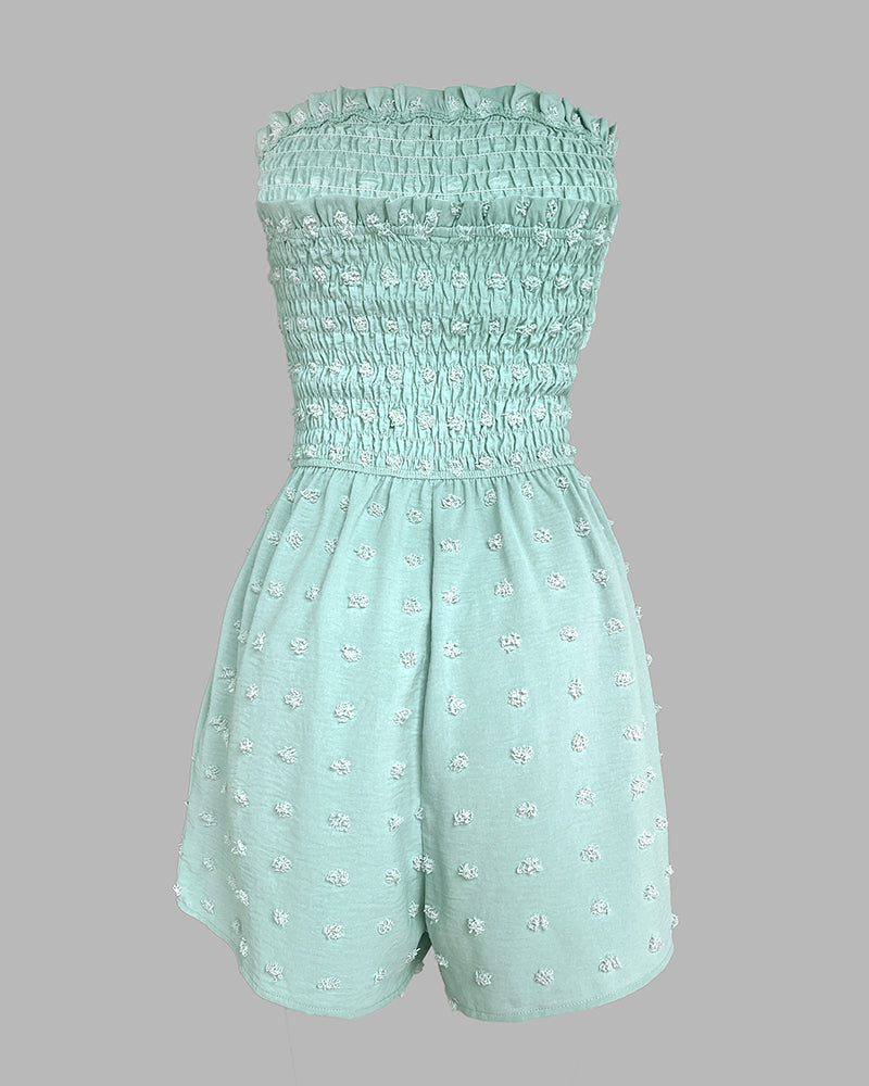 Polka Dot Bandeau Sleeveless Shirred Rompers Casual Button Decor Tied Detail Short Jumpsuit