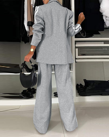 2 Pieces Outfit Notched Collar Single Breasted Pockets Design Coat And Elastic Waist Seam Front Wide Leg Pants Set Casual Contrast Side Striped Blazer Set