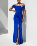Women's Off Shoulder Ruched Gold Flower Draped Evening Gown Side Slit Mermaid Maxi Dress