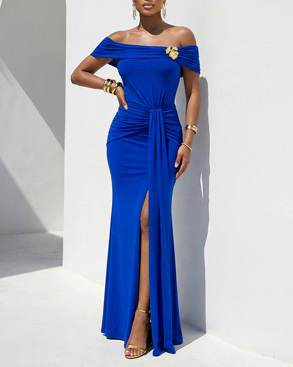 Women's Off Shoulder Ruched Gold Flower Draped Evening Gown Side Slit Mermaid Maxi Dress