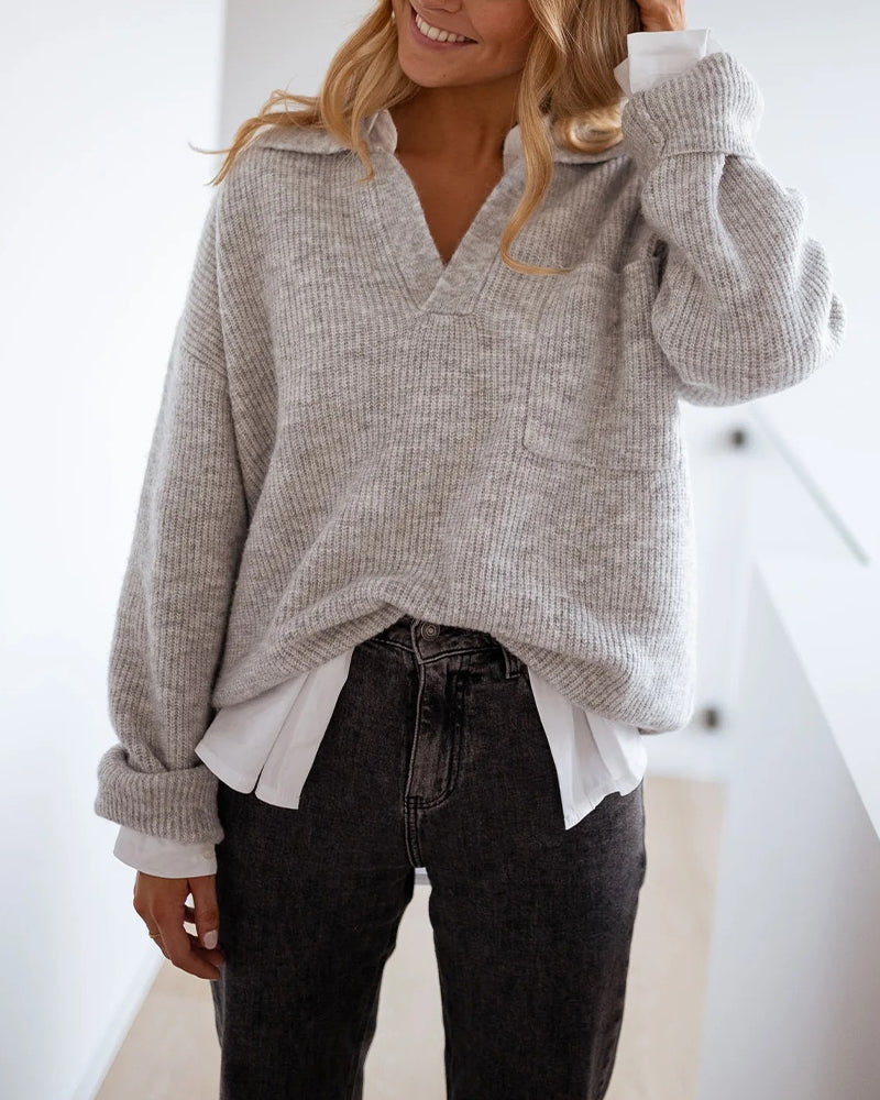 Women's Rib-Knit Polo Sweater V-Neck Collared Long Sleeve Pullover Loose Fit Drop Shoulder Top 1 Women's Rib-Knit Polo Sweater V-Neck Collared Long Sleeve Pullover Loose Fit Drop Shoulder Top