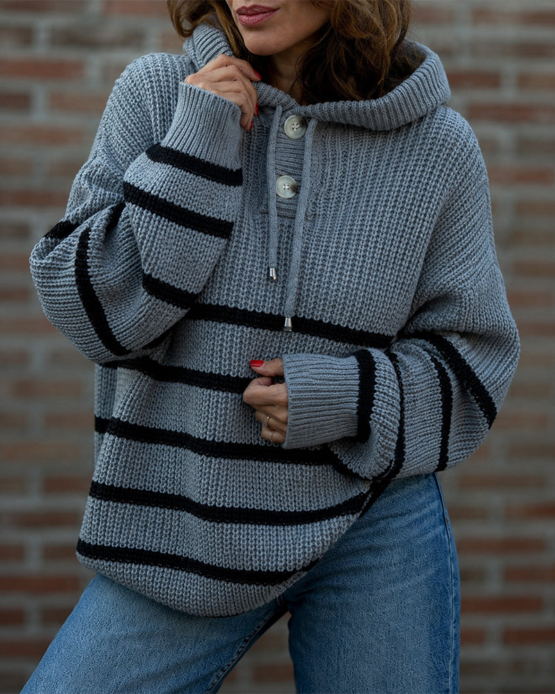 Women's Striped Henley Drawstring Hooded Sweater Loose Fit Lantern Sleeve Knit Pullover
