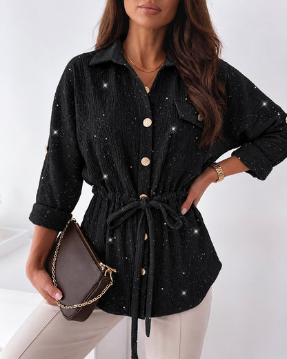 Women's Glitter Textured Drawstring Waist Roll-Up Sleeves Blouse