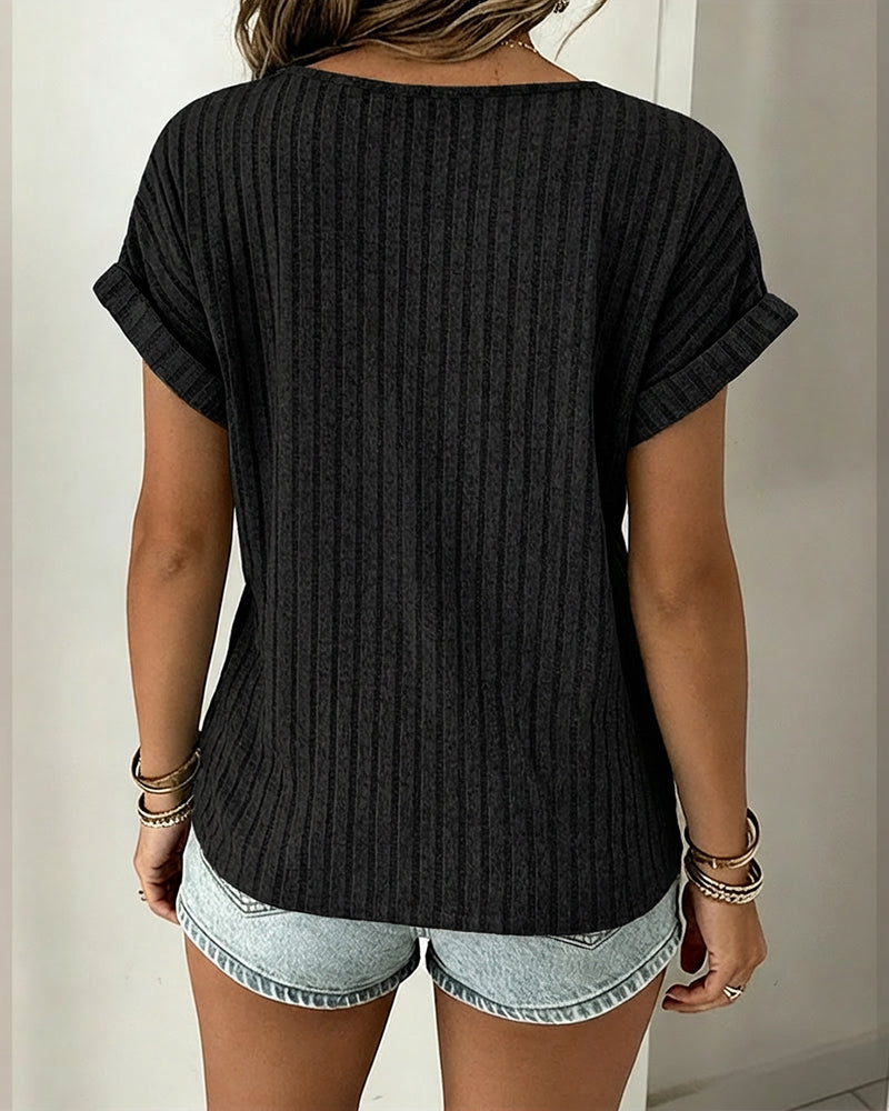 Lace Spliced Round Neck Rolled Cuffs Tee Casual Short Sleeve Ribbed Brushed Top