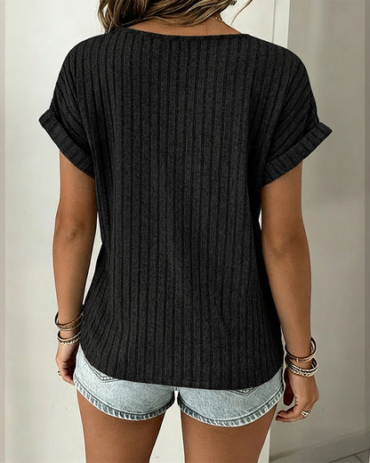 Lace Spliced Round Neck Rolled Cuffs Tee Casual Short Sleeve Ribbed Brushed Top