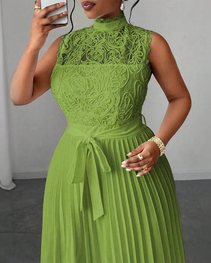 Mock Neck Sleeveless high Waist Pleated Maxi Dress Elegant Lace & Braided Spliced Zipper Back Evening Dress with Belt