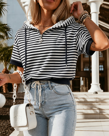 Women's Striped Half Zip Drawstring Hoodie Short Sleeve Sweatshirt Loose Contrast Trim Casual Pullover Top