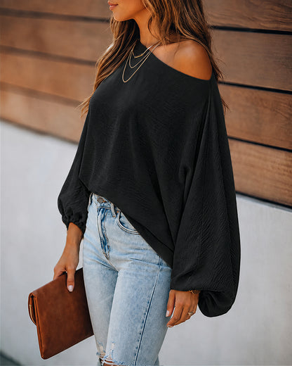 Women's French Style Off Shoulder Blouse Elegant Lantern Sleeve Top Versatile Skew Neck Textured Shirt