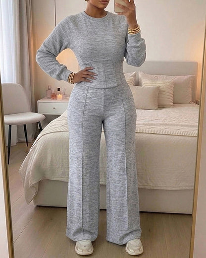 2 Pieces Outfit O-neck Long Sleeve Cinched Waist Sweatshirt and Elastic Waist Wide Leg Pants Set Casual Seam Design Sweatpants Set