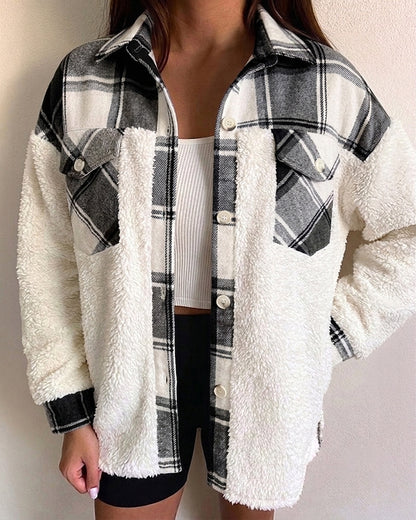 Veste polaire à carreaux pour femmes, veste décontractée à manches longues boutonnée en fausse peau de mouton