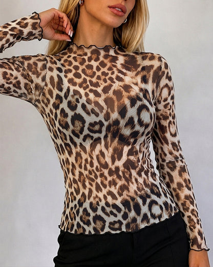 Women's Leopard Print Sheer Mesh Top Frill Trim Mock Neck Long Sleeve Tee