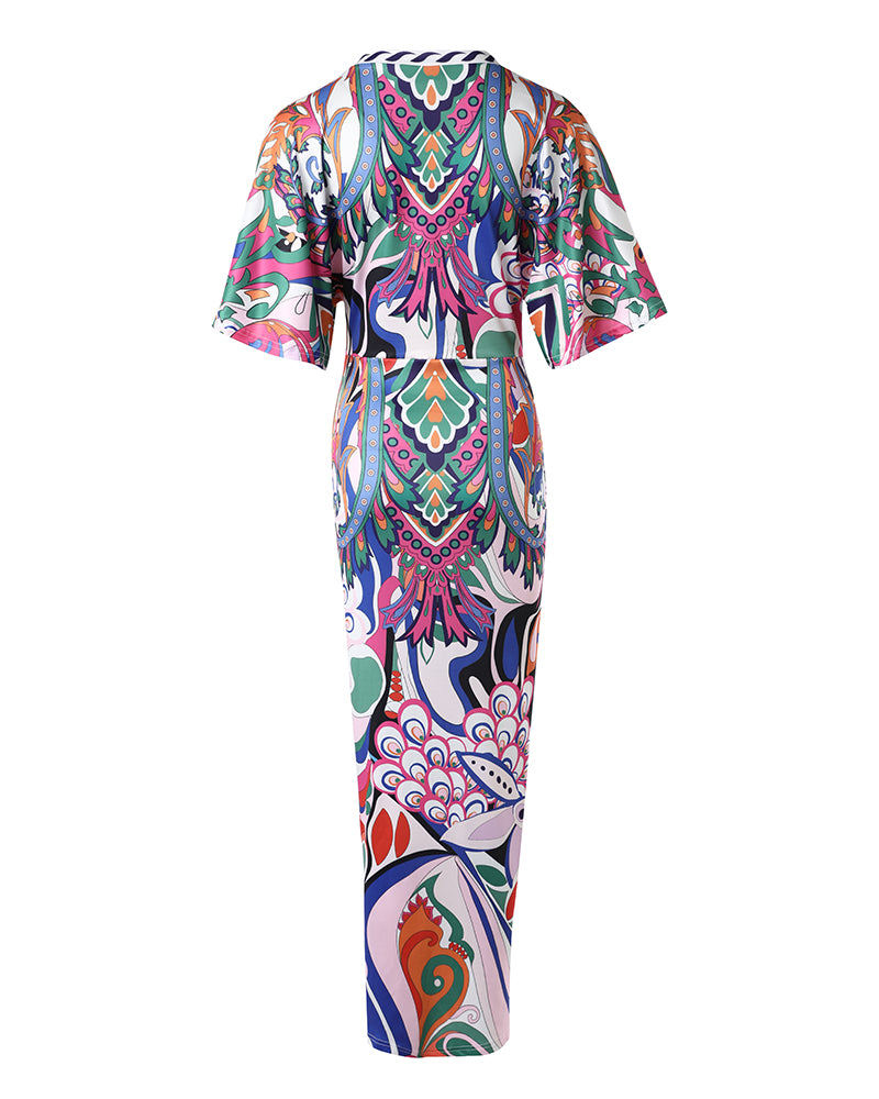 Vestido largo sexy para mujer con escote pronunciado en V, estampado abstracto, cordón, parte delantera fruncida, abertura y manga corta