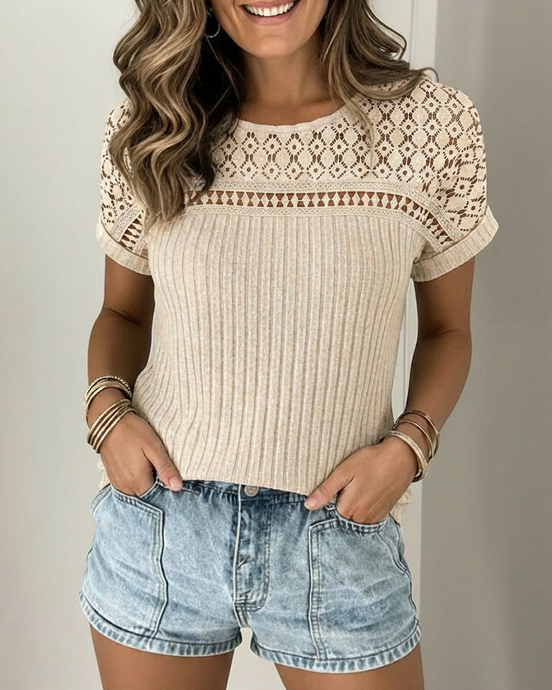 Lace Spliced Round Neck Rolled Cuffs Tee Casual Short Sleeve Ribbed Brushed Top