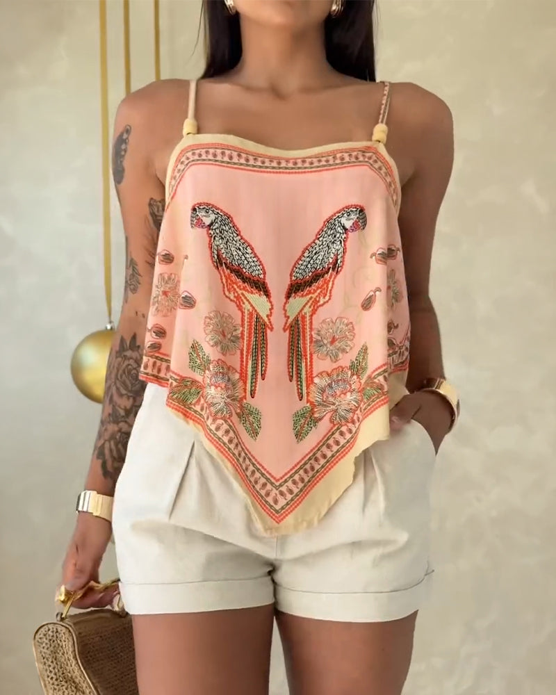 Tropical Animal & Plants Print Square Neck Adjustable Spaghetti Straps Top Sexy Backless Tie Back Asymmetrical Hem Cami Top