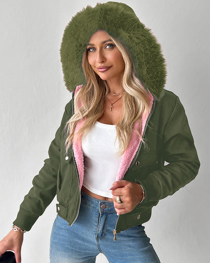 Fuzzy Trim Jacket Hooded Zip Up Fleece Lined Coat Outwear with Pockets