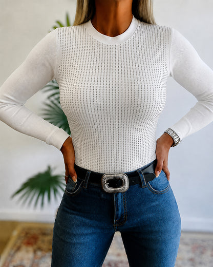 Women's Rhinestone Sparkle Ribbed Long Sleeve Crewneck Top