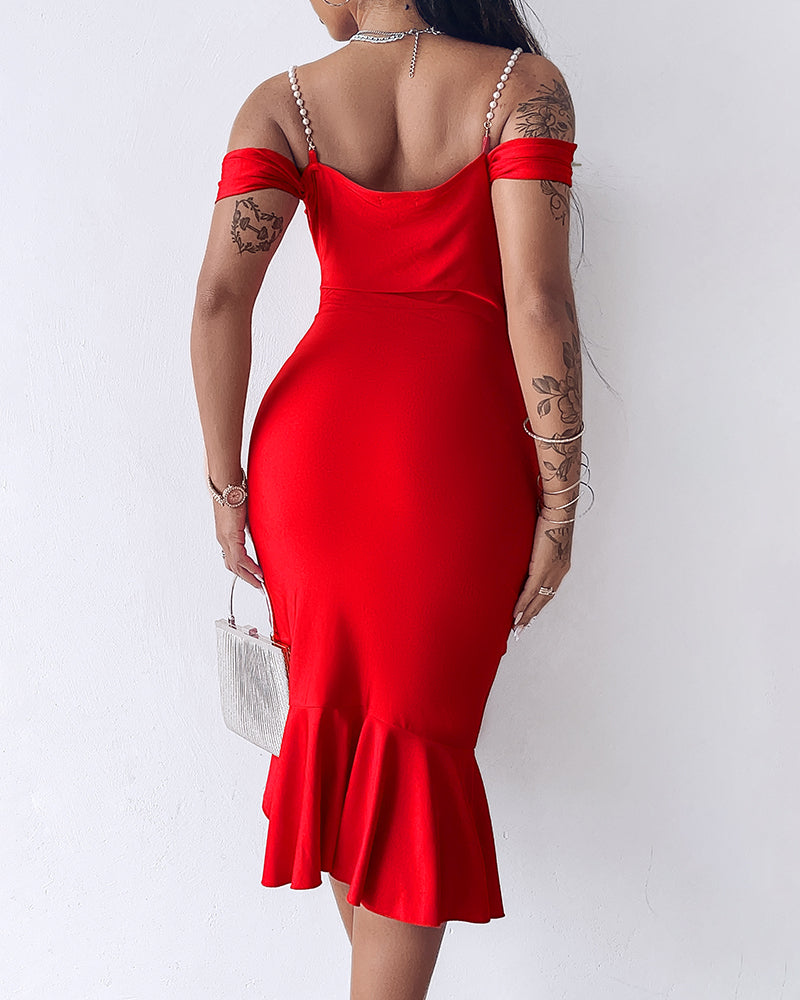 Cold Shoulder Pearls Straps Bodycon Dress Cowl Neck Asymmetrical Ruffle Hem Party Dress