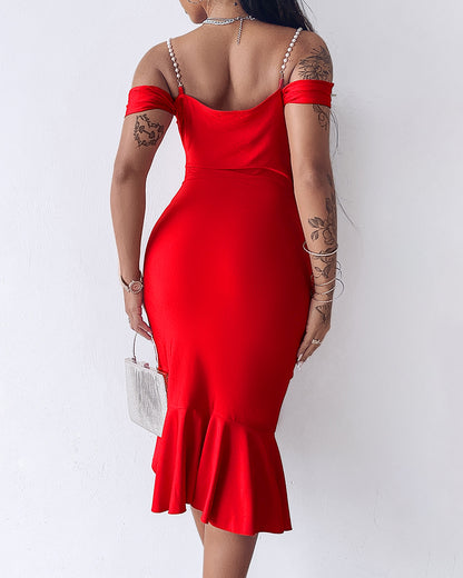 Cold Shoulder Pearls Straps Bodycon Dress Cowl Neck Asymmetrical Ruffle Hem Party Dress