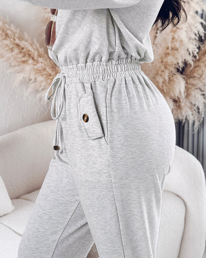 Turn-down Collar Overlap V-Neck Drawstring Stretchy Waist Jumpsuit Casual Flap Pockets Design Jumpsuit