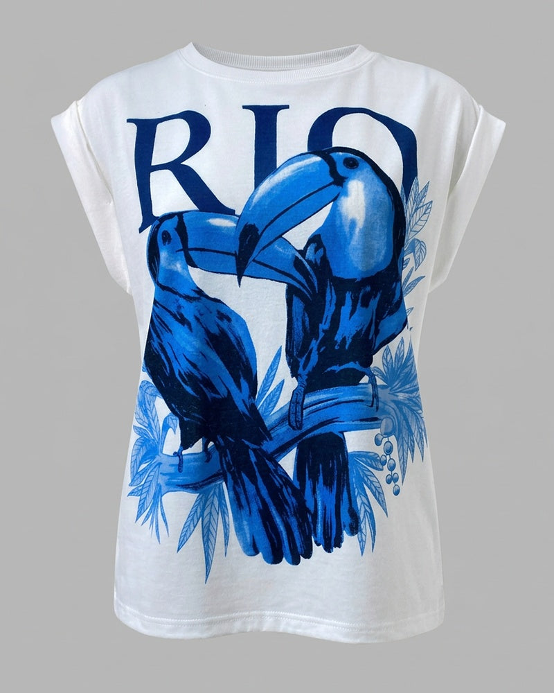 Birds & RIO Letter Print O-neck Short Sleeve Tee Casual Rolled Cuffs Top