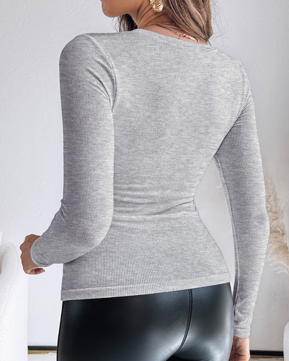 Built In Bra U Neck Tee High Stretchy Knit T-Shirt Long Sleeve Top
