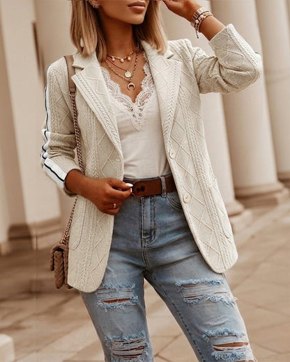 Women's Casual Knit Blazer Argyle Cable Jacquard Contrast Side Striped Coat Loose Fit Single Breasted Blazer