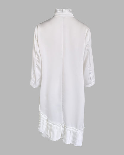 Pleated High Neck Button Down Asymmetrical Pleated Ruffle Hem Vacation Dress Casual High-Low Hem Loose Dress