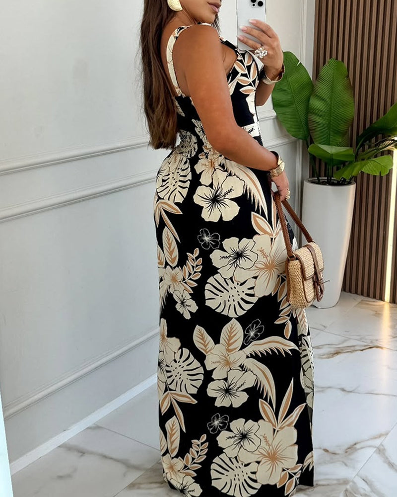 Tropical Floral Print Square Neck Adjustable Thick Straps Shirred Back Maxi Dress Casual High Waist Side Slit Vacation Dress