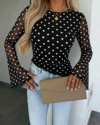 Women's Polka Dot Mesh Top Flare Long Sleeve Boat Neck Lined Asymmetric Frill Hem Blouse Vintage Party Shirt
