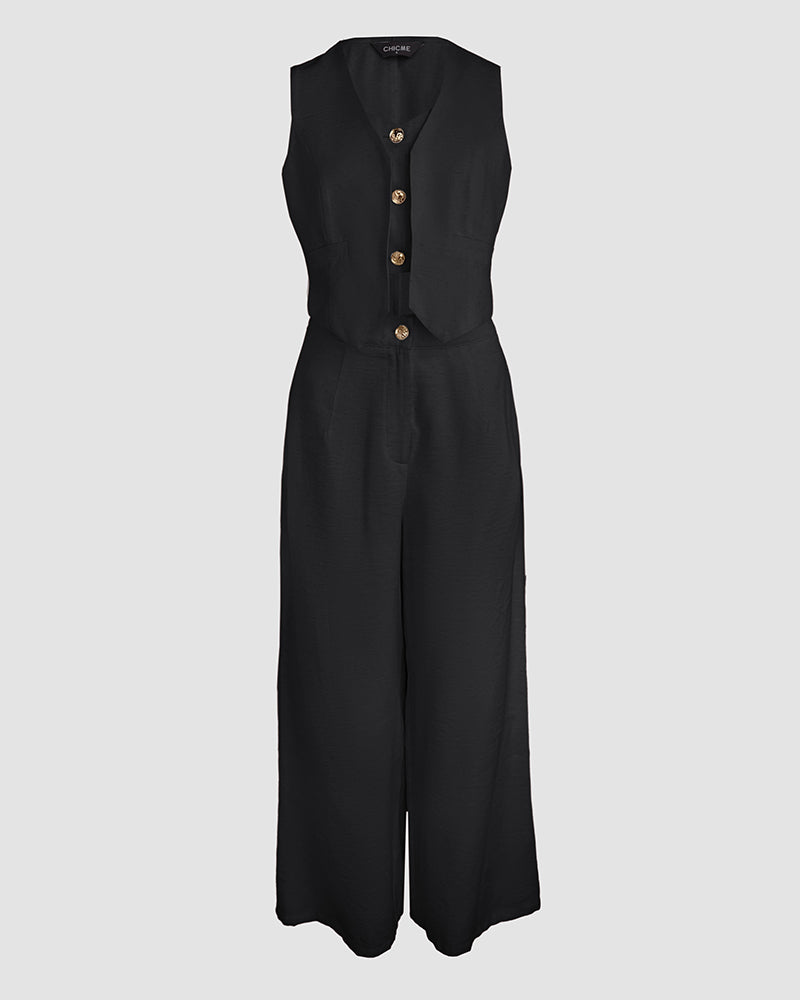 2 Pieces Outfits V Neck Sleeveless Button Front Vest Crop Top And Casual Zipper Fly Elastic Back Waist Wide Leg Pants Set