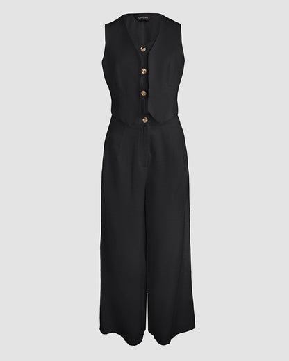 2 Pieces Outfits V Neck Sleeveless Button Front Vest Crop Top And Casual Zipper Fly Elastic Back Waist Wide Leg Pants Set