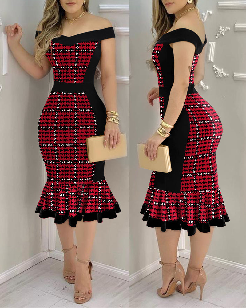 Houndstooth Print Off Shoulder Bodycon Dress Ruffle Hem Vintage Mid-length Dress
