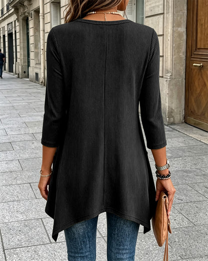 Women's Ribbed Asymmetrical Hem Top Crewneck Three Quarters Sleeve A-Line Casual Top