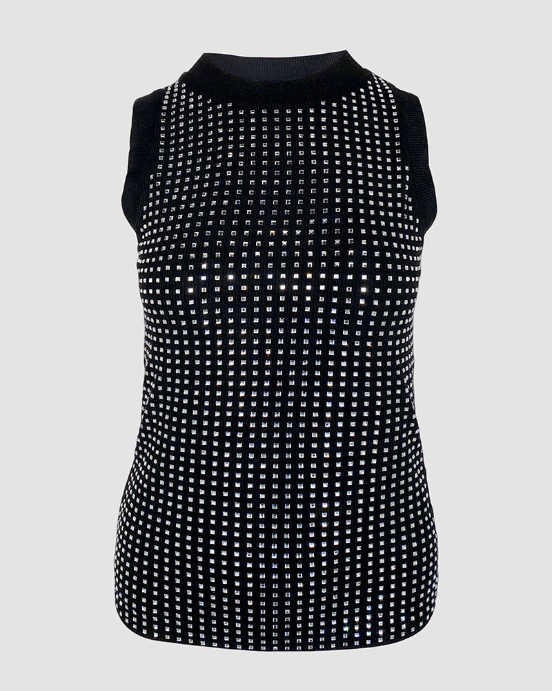 Ärmelloses T-Shirt mit Strass-Dekor, O-Ausschnitt, schmal geschnittenes, geripptes Tanktop