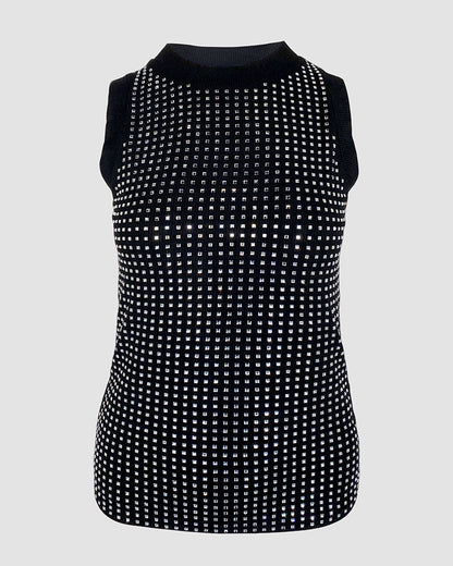 Ärmelloses T-Shirt mit Strass-Dekor, O-Ausschnitt, schmal geschnittenes, geripptes Tanktop