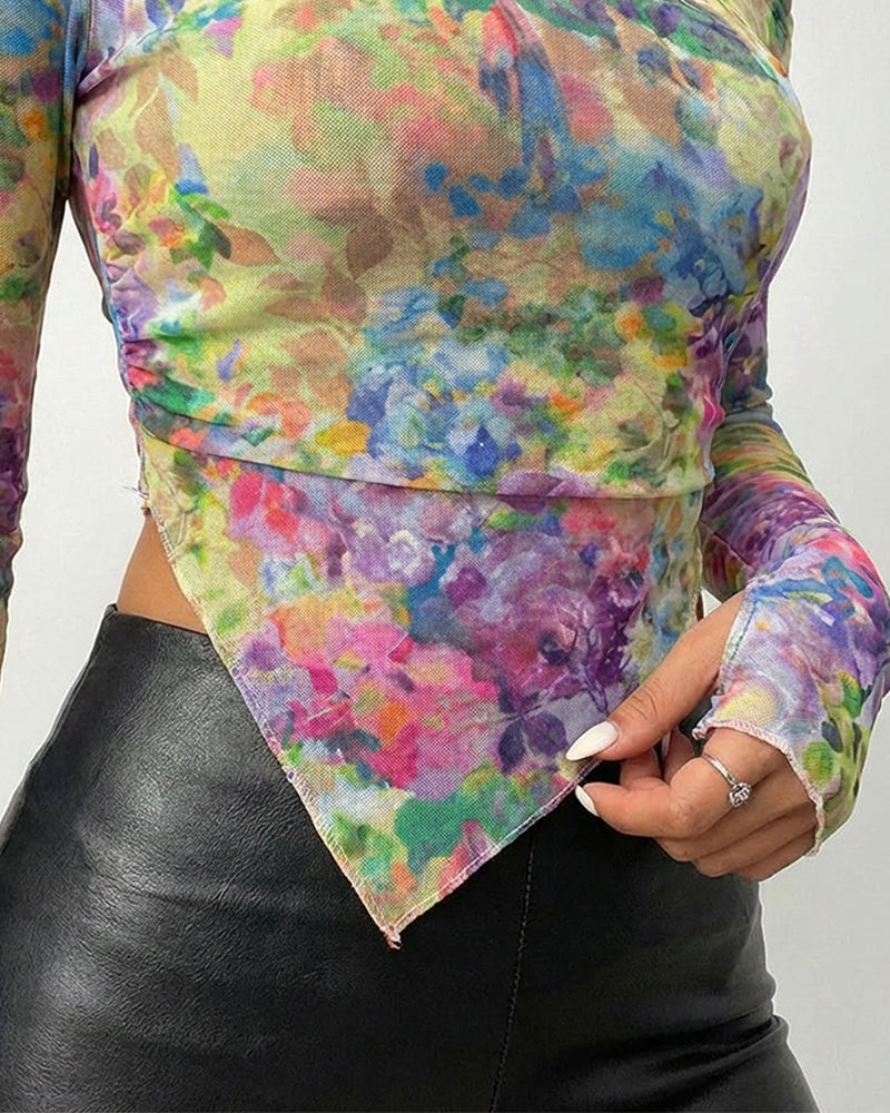 Tie Dye Floral Print Skew Neck Long Sleeve Asymmetrical Hem Tee Slim Fit Side Ruched Sheer Mesh Top with Thumb Hole Cuffs & Lining